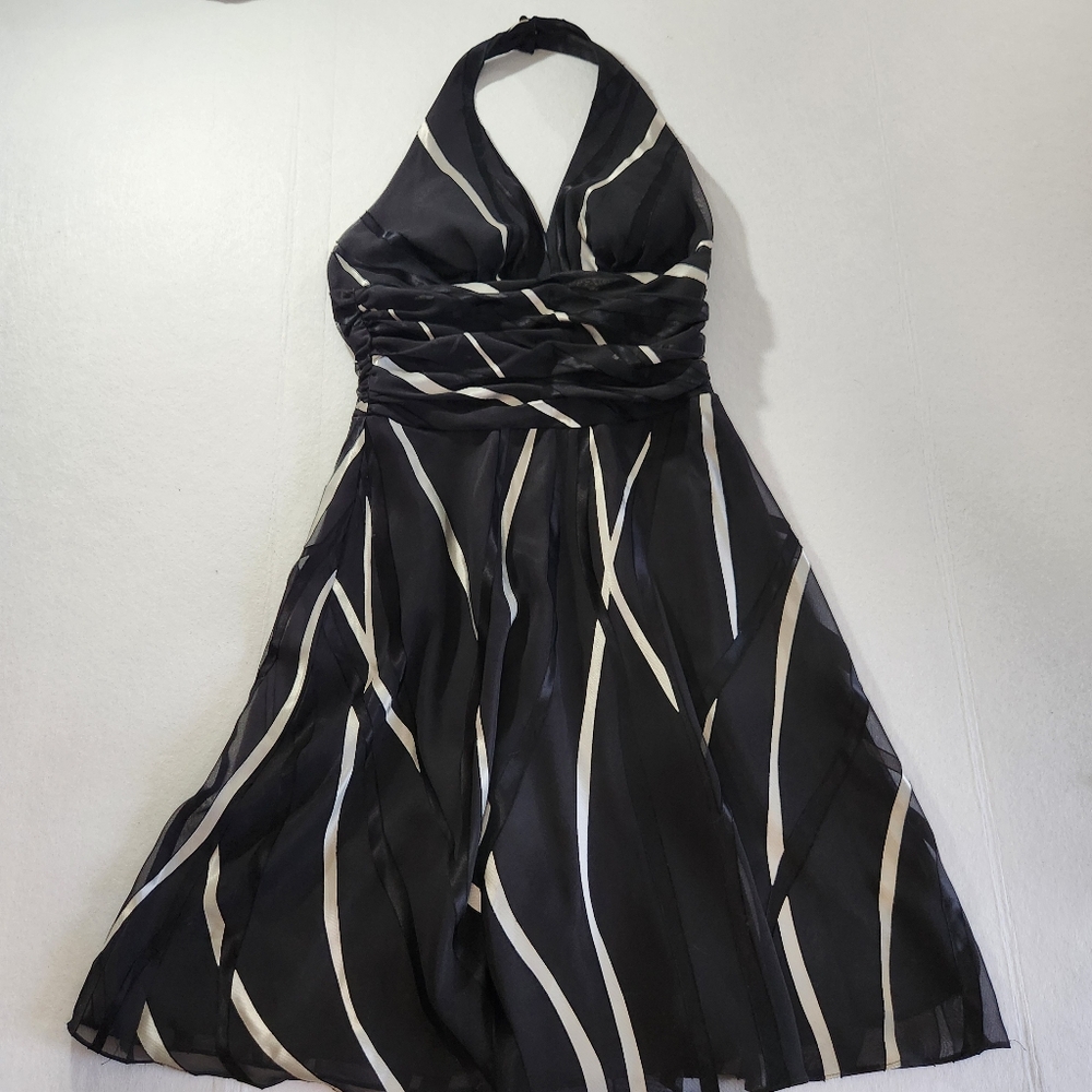 Veronique Young Halter Black Dress with Ivory Wave Accents Whimsigoth Vibe